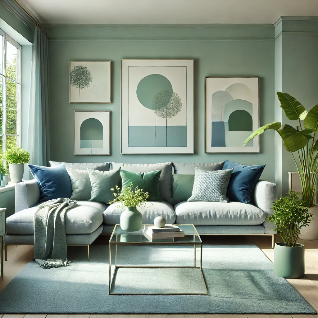 A serene living room designed with subtle shades of blue and green