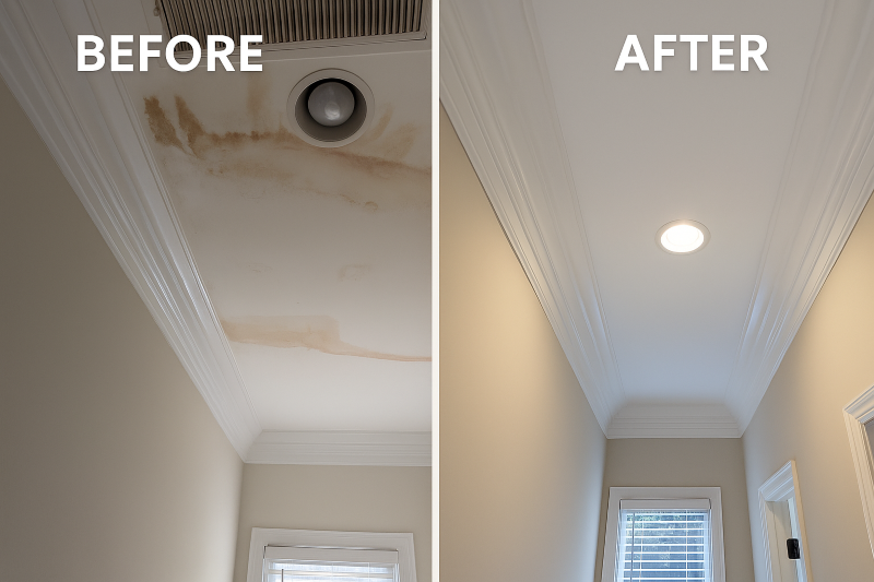 Ceiling restoration before and after roof leak repair in Charlotte, NC by DeHaan Painting.