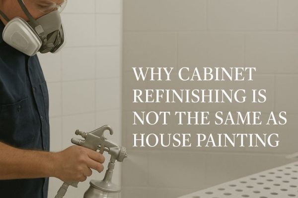 DeHaan Painting technician using a professional sprayer for kitchen cabinet refinishing in Charlotte, NC.