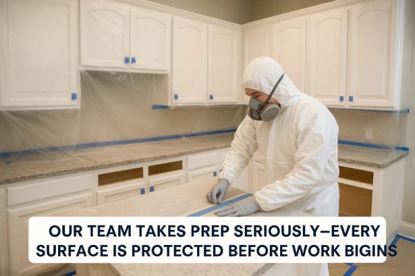 Professional cabinet refinishing prep by DeHaan Painting in Charlotte, NC. A technician in protective gear carefully tapes and covers surfaces to ensure a flawless, factory-quality cabinet finish.