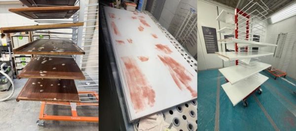 Stages of professional cabinet refinishing by DeHaan Painting in Charlotte, NC. Cabinet doors are sanded, filled, and sprayed with durable coatings for a smooth, factory-level finish.