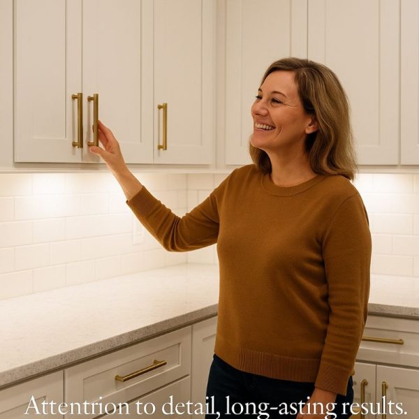 miling homeowner admiring her newly refinished kitchen cabinets by DeHaan Painting in Charlotte, NC, showcasing a smooth factory-quality finish.