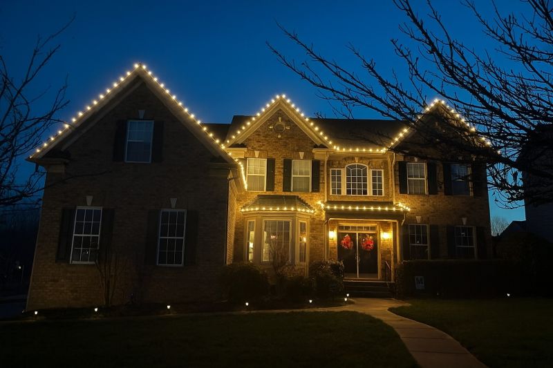 Charlotte home decorated with professional holiday lights by DeHaan Painting, featuring bright roofline LEDs and glowing wreaths.
