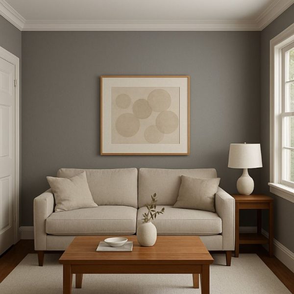 Living room with cool gray walls and neutral furniture showing the outdated 2025 gray color trend that designers are moving away from.