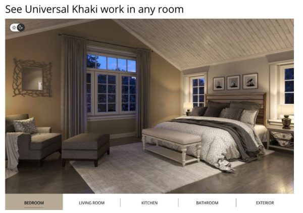 Bedroom designed with Universal Khaki walls, gray furnishings, and soft layered textures