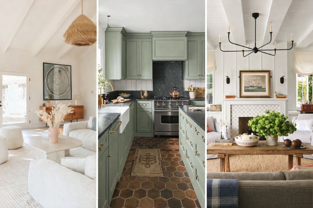Spring Paint Colors That Feel Fresh Without Being Trendy Three elegant interiors featuring soft neutral walls, muted green kitchen cabinetry, and timeless spring-inspired paint colors.