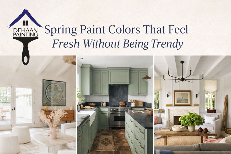 Spring Paint Colors That Feel Fresh Without Being Trendy Spring paint colors that feel fresh without being trendy, shown through elegant interiors with soft neutrals and muted green cabinetry.