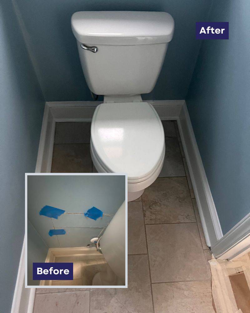 Repairing What Paint Can’t Fix | Ceiling Repair Before and After Before and after view of bathroom ceiling repair above toilet showing damaged area repaired and repainted