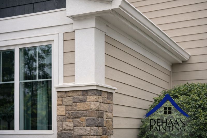 Universal Khaki Exterior Siding and Trim Detail Close-up of beige exterior siding, white trim, and stone column on a Charlotte area home