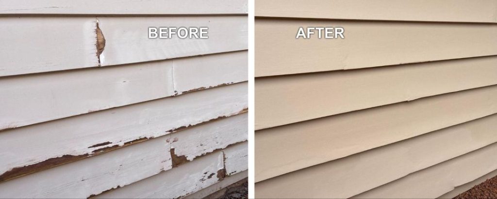 Sun Exposure Paint Damage Before and After in Charlotte Before and after comparison of exterior siding with sun-damaged, peeling paint repaired and repainted for a Charlotte home.