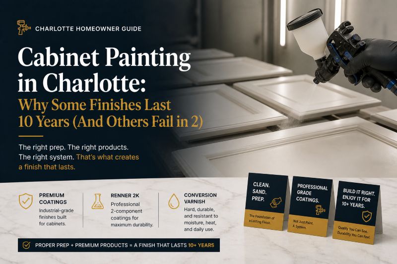 Cabinet Painting in Charlotte: Why Some Finishes Last (And Others Fail quickly) Professional cabinet finishing in Charlotte showing sprayed cabinet doors and premium cabinet coating systems