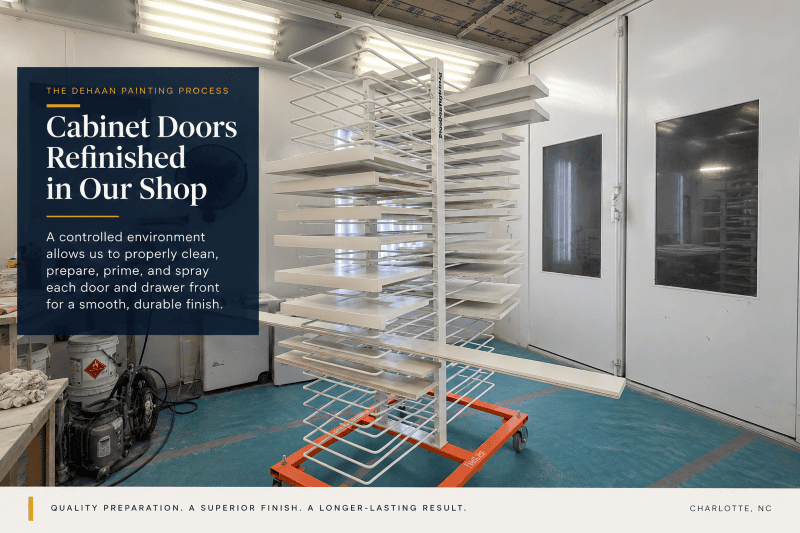 Should You Paint, Refinish, Reface, or Replace Your Kitchen Cabinets? Cabinet doors arranged on racks in a refinishing shop