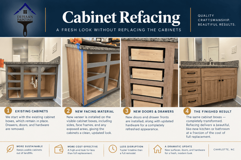 Should You Paint, Refinish, Reface, or Replace Your Kitchen Cabinets? Cabinet refacing guide showing existing cabinets, new facing material and new doors