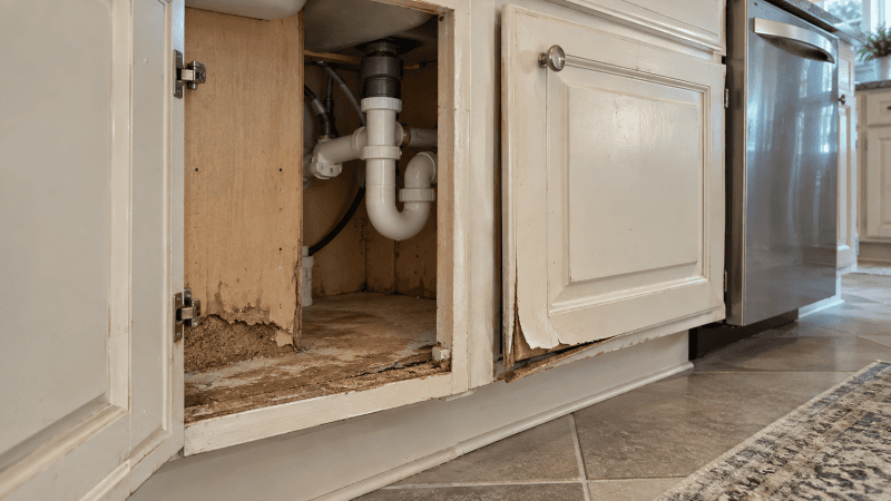 Should You Paint, Refinish, Reface, or Replace Your Kitchen Cabinets? Water-damaged cabinet base with deteriorated wood beneath a kitchen sink