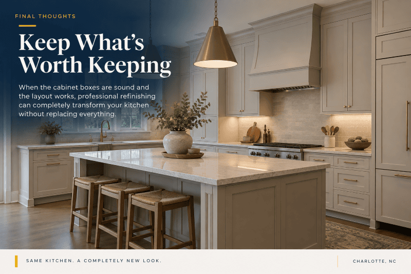 Should You Paint, Refinish, Reface, or Replace Your Kitchen Cabinets? Updated kitchen with light upper cabinets and a dark kitchen island